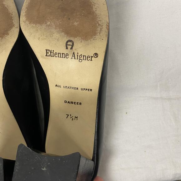 VTG Etienne Aigner Heels Womens 7.5 Black Leather Pumps Square Toe Chunky Heel - Picture 10 of 14